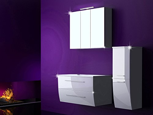 4 Tlg. Badmöbel Set Badezimmermöbel Komplett Set Waschbeckenschrank 90 cm mit Waschtisch + Spiegelschrank mit LED