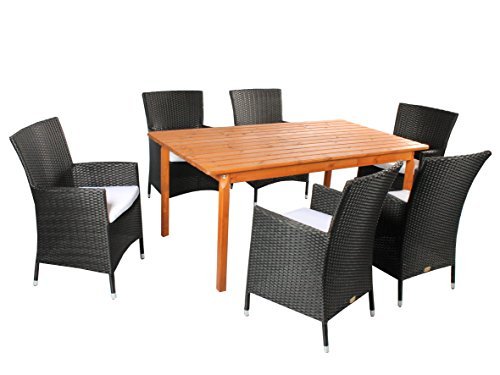 7tlg. Polyrattan Holz Sitzgruppe Salento, Sessel und 160er Tisch braun, Sessel schwarz NICHT ZERLEGT!