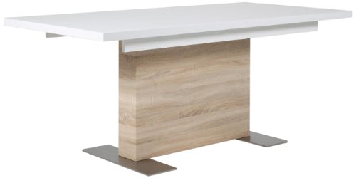 AC Design Furniture H000012555 Esstisch Jonas, Sonoma Eiche Nachbildung, inklusive 1 Einlegeplatte innenliegend, ca. 160(210) x 75 x 90 cm, weiß hochglanz