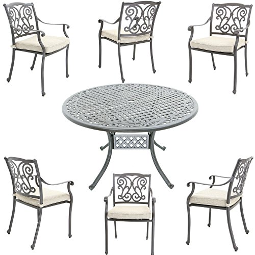Aluguss Gartenmöbel-Set, Gartenmöbelgarnitur bestehend aus Gartentisch mit Gartenstühlen (Runder Tisch Ø 120 cm + 6 Stühle)