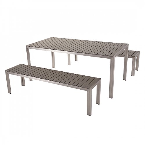 Aluminium Gartenmöbel Set grau - Tisch 180cm - 2 Bänken - Polywood - NARDO