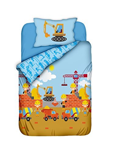 Aminata Kids süße Kinderbettwäsche Jungen-Kinder-Bettwäsche Baustelle 100x135 hochwertige Baumwolle Bettwäsche-Kinder mit Bagger Kran und Betonmischer Bauarbeiter - Kinderbett-Größe