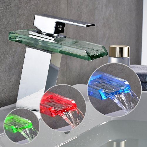 Auralum® LED RGB 3 Farbewechsel Glass Wasserhahn Chrom Wasserfall Waschtischarmatur Armatur für Bad Badenzimmer Waschbecken