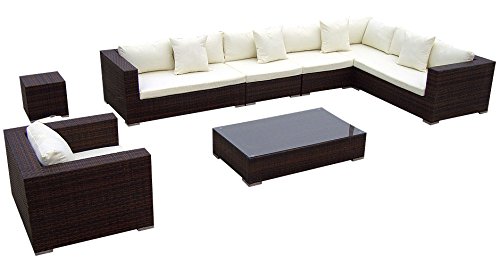 Baidani Gartenmöbel-Sets 10c00009.00002 Designer Lounge-Garnitur Blizzard, XXL-Sofa, Sessel, Beistell-Tisch, Couch-Tisch mit Glasplatte, braun