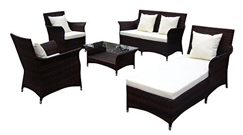 Baidani Gartenmöbel-Sets 10c00037.00002 Designer Lounge-Garnitur Royalty, 2-er-Sofa, 1 Chaiselongue, 2 Sessel, 1 Couch-Tisch Glasplatte, Sitzauflagen, braun