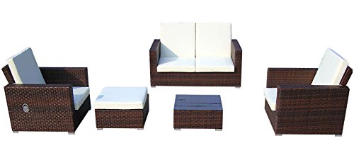 Baidani Gartenmöbel-Sets 10c00038.00002 Designer Lounge-Garnitur Move, 2-er-Sofa, 2 Sesse, 1 Hocker mit Auflage, 1 Couch-Tisch mit Glasplatte, braun
