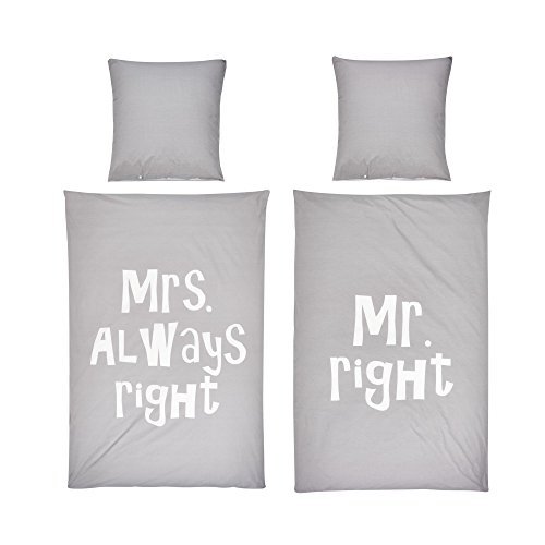 Bettwäsche-Set Schriftzug Mr. Right Mrs. Always Right 100% Baumwolle grau-weiß - Größe 135 x 200 cm