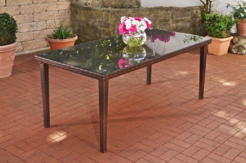CLP Poly-Rattan Garten-Tisch BONDY, Esstisch 180 x 90 x 75 cm, mit Glasplatte, ideal für 6 Stühle, bis zu 3 Farben wählbar Braun Meliert