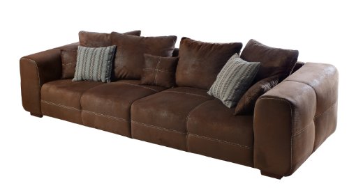 CAVADORE Big Sofa Mavericco/Große Polster Couch mit Mikrofaser-Bezug in antiker Lederoptik/Inklusive Rückenkissen und Zierkissen in braun/Maße: 287 x 69 x 108 cm (BxHxT)/Farbe: Antik Braun