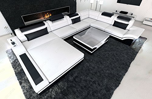 Leder Wohnlandschaft Mezzo XXL moderne Couch mit LED weiss - schwarz
