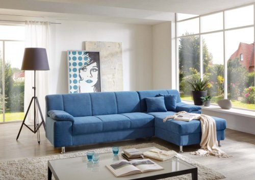 Dreams4Home Polsterecke Laguna Ecksofa Couch Sofa Wohnzimmer Polstergarnitur inkl. Kissen blau, Aufbauvariante:Longchair/Ottomane rechts