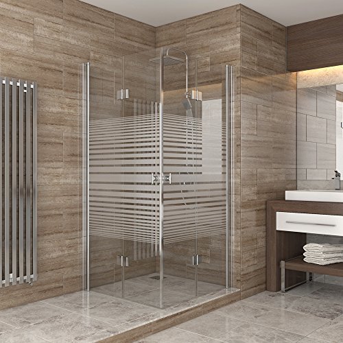 Dusche Duschkabine Falttür Echtglas Duschabtrennung Eckeinstieg Duschwanne 80x80 Streifen
