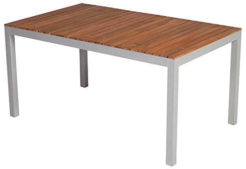 Gartentisch Esstisch Tisch FSC Akazienholz silbernes Gestell und braunes Holz in Plankenoptik 150x90 cm