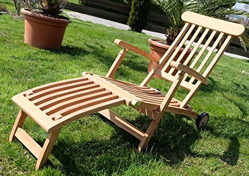 Hochwertiger TEAK STEAMER DECKCHAIR Liegestuhl Sonnenliege Klappsessel Holz mit Rädern Modell: LUNA von AS-S