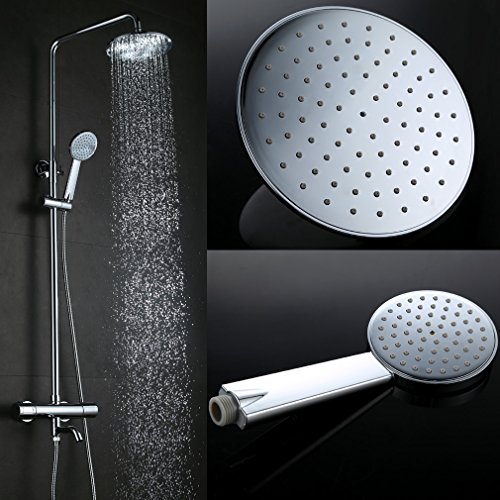 KINSE® Chrom Duscharmatur Set Überkopf-Brauseset Brausethermostat mit Regenbrause Handbrause für Badezimmer Duschsystem Thermostat