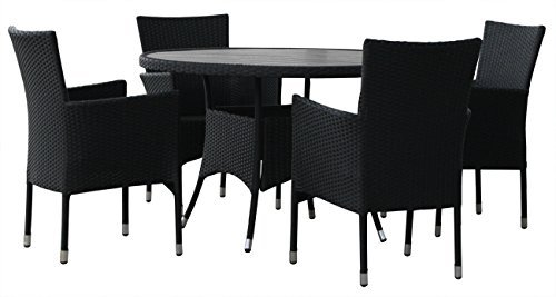 KMH®, Gartensitzgruppe aus schwarzem Polyrattan 1 runder Tisch und 4 Gartensessel (#106242)