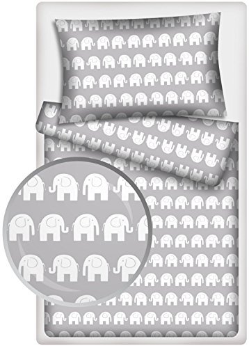 Kinderbettwäsche Elefanten 2-tlg. 100% Baumwolle 40x60 + 100x135 cm mit Reißverschluss (grau1)