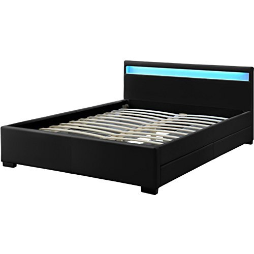 Polsterbett „Lyon“ – 140 × 200 cm - schwarz – Bettgestell mit Bettkasten, Lattenrost, LED-Beleuchtung & Kunstleder | ArtLife