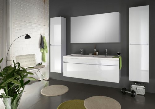 SAM® Design Badmöbel-Set, 140 cm, in weiß, 4tlg. Designer Badezimmer mit Softclose-Funktion, 1 Doppel-Waschplatz, 1 Spiegelschrank, 2 Hochschränke [520114]