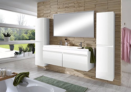 SAM® Design Badmöbel Set 4tlg in Hochglanz weiß, 140 cm Doppel-Waschplatz, Badezimmermöbel bestehend aus 1 x Spiegel, 1 x Waschplatz und 2 x Hochschrank [53251176]