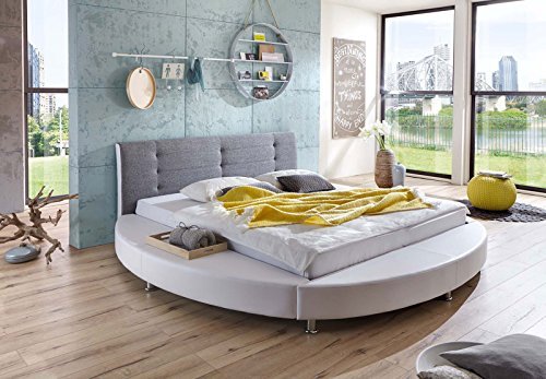 SAM Design Rundbett 180x200 cm Bastia, weiß/grau, Kopfteil abgesteppt, mit Chromfüßen, als Wasserbett verwendbar