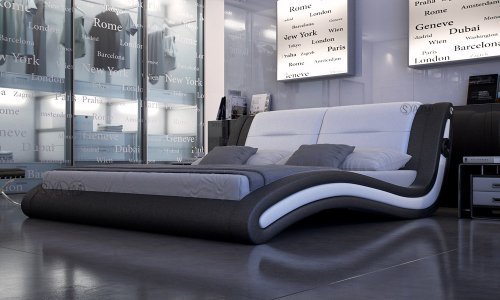 SAM® Innocent Polsterbett Trilium Sound in schwarz/weiß 180 x 200 cm geschwungene Seitenteile Kopfteil mit Lautsprechern modernes Design Wasserbett geeignet