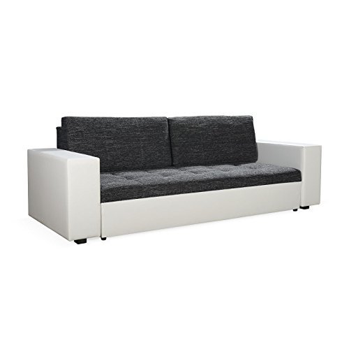 Schlafsofa Schlafcouch ESME 3-Sitzer, Kunstleder mit Strukturstoff in schwarz / weiß mit Stauraum