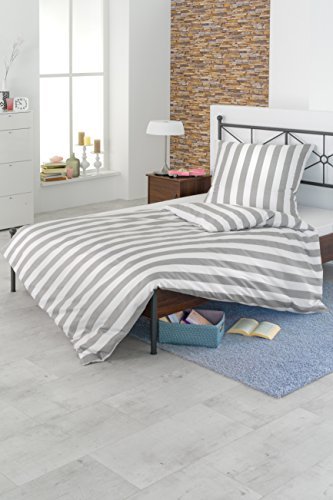 Schöne Streifen-Bettwäsche aus Baumwolle + Polyester weiß-grau 135x200cm
