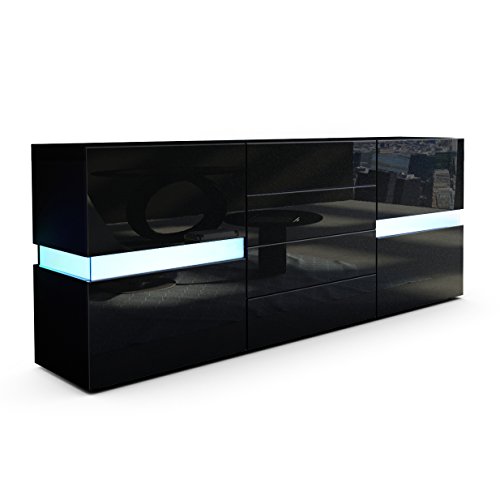 Sideboard Kommode Flow, Korpus in Schwarz matt / Front in Schwarz Hochglanz inkl. LED Beleuchtung Sideboard Kommode Flow, Korpus in Schwarz matt / Front in Schwarz Hochglanz inkl. LED Beleuchtung