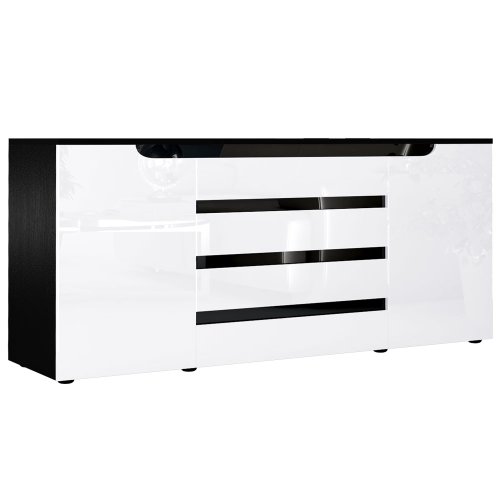 Sideboard Kommode Sylt V2, Korpus in Schwarz matt / Front in Weiß Hochglanz mit Absetzungen in Schwarz Hochglanz Sideboard Kommode Sylt V2, Korpus in Schwarz matt / Front in Weiß Hochglanz mit Absetzungen in Schwarz Hochglanz