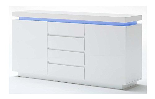 Sideboard in Hochglanz weiß mit 4 Schubkästen, 2 Türen und 2 Einlegeböden, inkl. LED-Beleuchtung, Maße: B/H/T ca. 150/81/40 cm