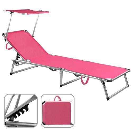 Deuba Sonnenliege Sylt | mit Sonnenschutz | Alu | 120kg Tragkraft | 200cm | Kunststoffgewebe | Verstellbar | Freizeitliege Gartenliege Liegestuhl Dreibeinliege Strandliege Liege | Farbwahl | Pink |