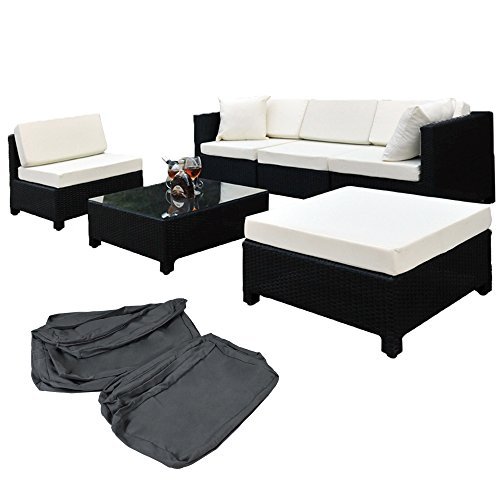 TecTake® Hochwertige Aluminium Luxus Lounge mit 2 Bezugssets Poly-Rattan Sitzgruppe Sofa Rattanmöbel Gartenmöbel schwarz