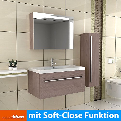 Badmöbel Set mit Waschbecken aus Mineralguss und Unterschrank mit Softclose-Funktion/braun/Modell: Garda 900