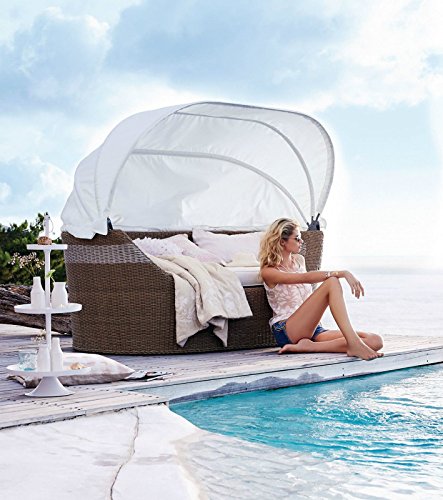 XXL Poly Rattan Sonneninsel Sonnenliege Strandkorb Garten Lounge Muschel aus Rundgeplecht in natur / weiß