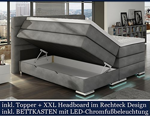 XXL ROMA Boxspringbett mit Bettkasten Designer Boxspring Bett LED DESIGN GRAU STOFF Rechteck Design (Design Grau Stoff, 200x200cm)