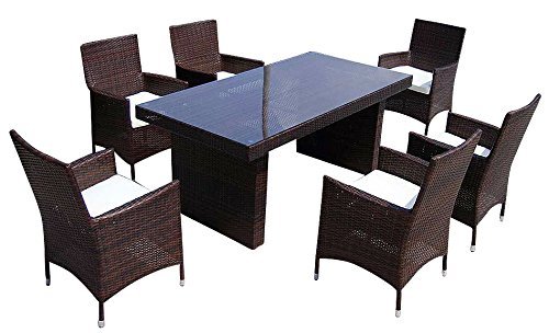 Baidani Gartenmöbel-Sets 10c00035.00002 Designer Rattan Sitz-Garnitur Elegancy, 1 Tisch mit Glasplatte, 6 Stühle mit Armlehnen und Sitzauflage, braun