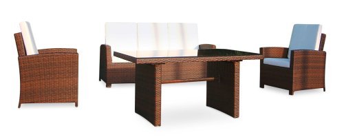 Baidani Gartenmöbel-Sets 10c00039.00001 Designer Rattan Lounge-Garnitur Comfort, 3-er-Sofa, Sessel, Auflagen, Rückenkissen, 1 Tisch  mit Glasplatte, schwarz