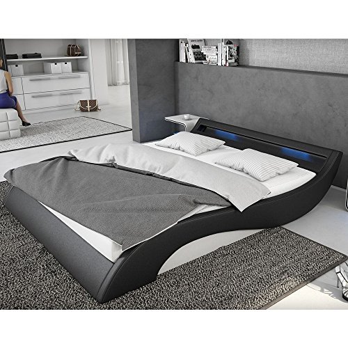 Polster-Bett 140x200 cm schwarz-weiß aus Kunstleder mit blauer LED-Beleuchtung | Mavani | Das Kunst-Leder-Bett ist ein edles Designer-Bett | Doppel-Bett 140 cm x 200 cm mit Lattenrost in Leder-Optik, Made in EU