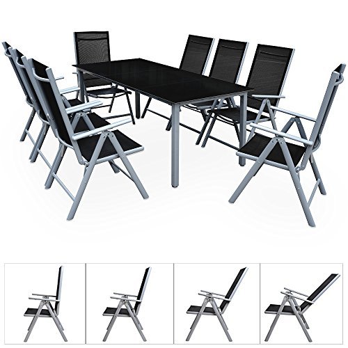 Deuba® Aluminium Sitzgruppe 8+1 Silber | 8 verstellbare Stühle | Tisch höhenverstellbar | 5mm Tischplatte aus Sicherheitsglas | wetterfest Drinnen & Draußen [ Modellauswahl 4+1 / 6+1 / 8+1 ] - Alu Sitzgarnitur Gartenmöbel Gartenset Essgruppe Gartengarnitur Klappstuhl Gartenmöbelset