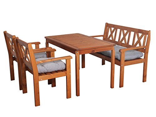 Ambientehome 90549 Garten Sitzgruppe Essgruppe Massivholz EVJE braun inkl. graue Kissen 4-teiliges Set