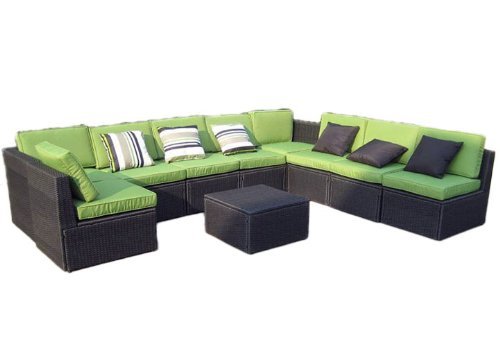 Nexos Edle Sitzgarnitur – Polster grün/Poly Rattan schwarz – Stahlgestell – Sitzgruppe Gartenmöbel Rattan-Lounge massiv