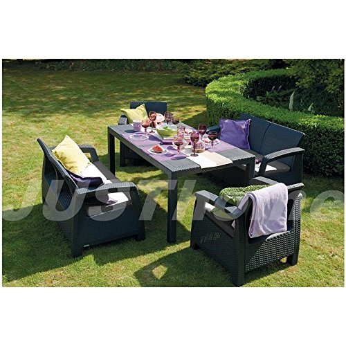 JUSTyou Fiesta Essgruppe Gartenmöbel Gartengarnitur Set 2X Sessel + 2X Sofa + Tisch in Rattan-Optik mit Farbauswahl