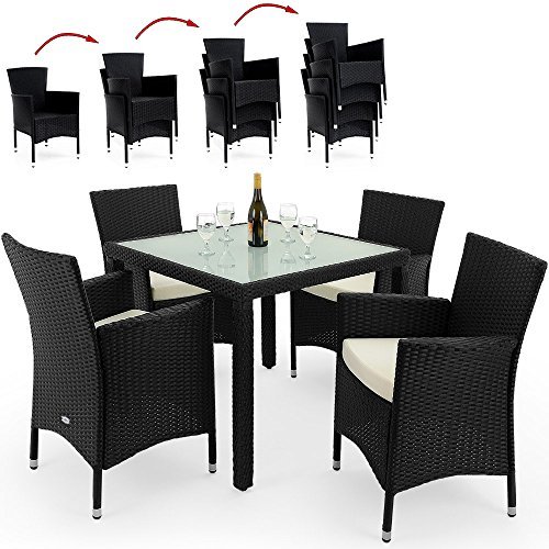 Deuba® Poly Rattan Sitzgruppe 4+1 Schwarz | 4 stapelbare Stühle | 7cm dicke Sitzauflagen creme | wetterfestes Polyrattan [ Modell- & Farbauswahl 4+1 / 6+1 / 8+1 ] - Gartenmöbel Gartenset Lounge Sitzgarnitur Essgruppe Set