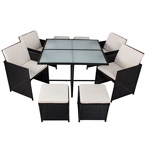 Polyrattan Essgruppe Bari L für 4 Personen 9 teilig mit 120 x 120 cm Tisch - schwarz