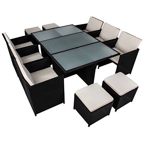 Polyrattan Essgruppe Bari XL für 6 Personen 11 teilig mit 180 x 120 cm Tisch - schwarz