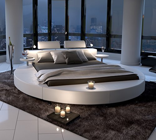 SAM® Polsterbett in weiß, Rundbett mit gepolstertem Kopfteil, Beleuchtung und zwei Nachttischablagen, Bettgestell auch als Wasserbett verwendbar, 140 x 200 cm