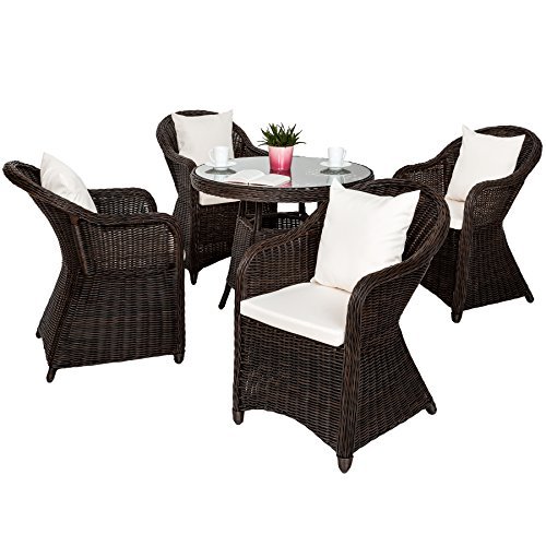 TecTake Luxus Alu Polyrattan Garten Sitzgruppe 4 Gartensessel und 1 Tisch - inkl. 8 Kissen wetterfest - diverse Farben - (Mixed-Braun | Nr. 401974)