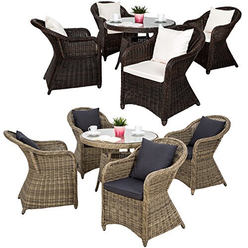 TecTake Luxus Alu Polyrattan Garten Sitzgruppe 4 Gartensessel und 1 Tisch - inkl. 8 Kissen wetterfest - diverse Farben -