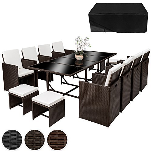 TecTake Poly Rattan 8+4+1 Sitzgruppe 8 Stühle 4 Hocker 1 Tisch + Schutzhülle & Edelstahlschrauben - diverse Farben -